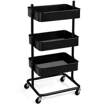 3 Tier Metal Rolling Storage Cart Mobile Organizer W/Adjustable Shelves Black